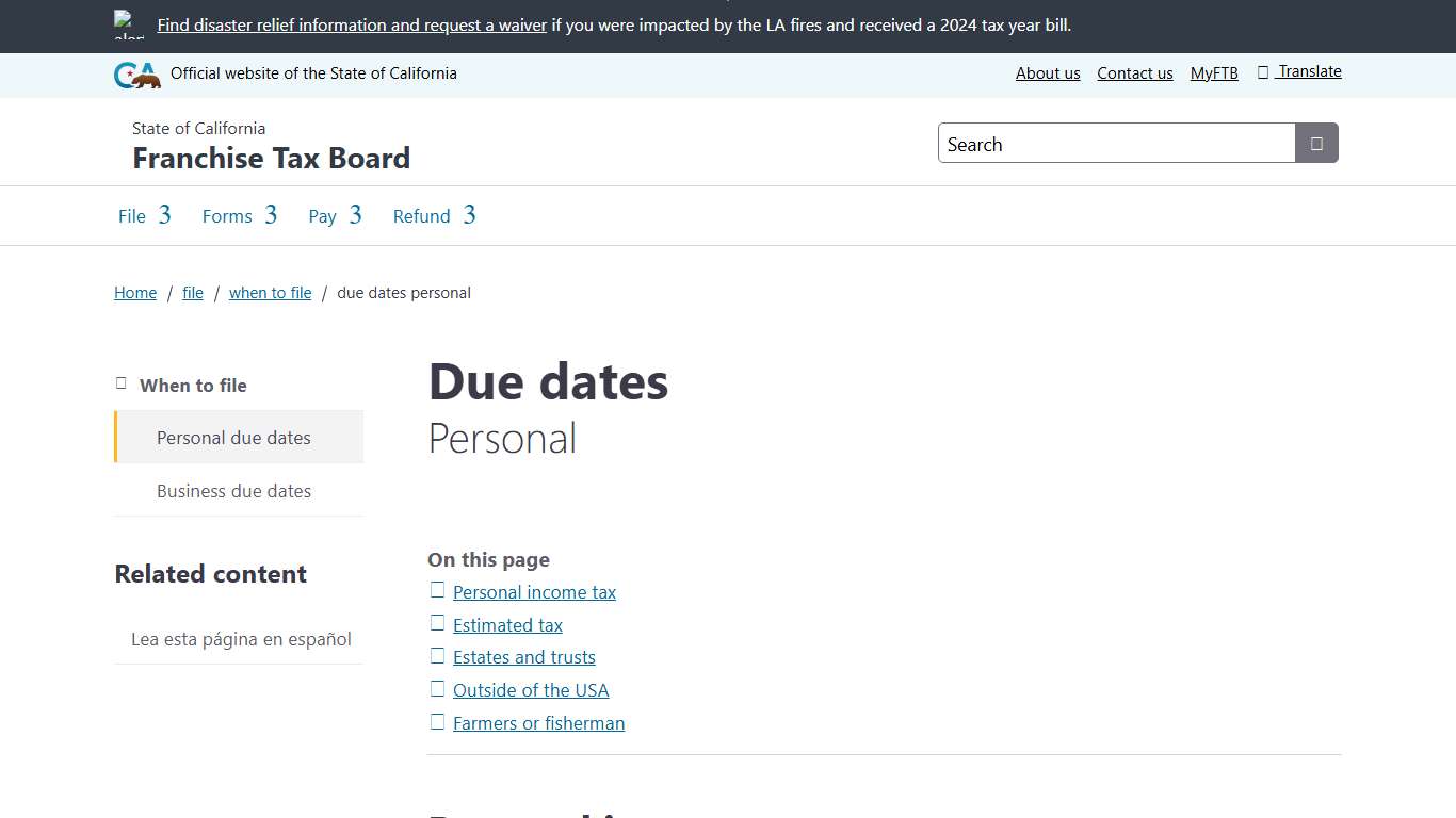 Due dates: personal FTB.ca.gov